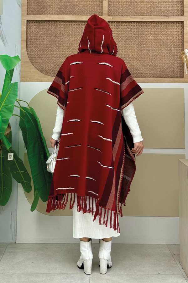 Kapişonlu Püskül Detaylı Triko Panço 1606 Bordo - 6