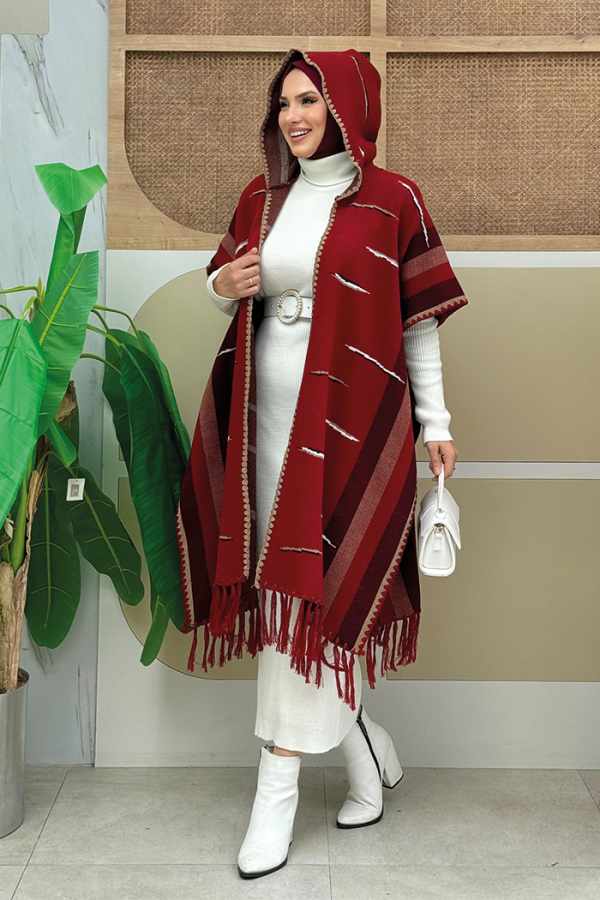 Kapişonlu Püskül Detaylı Triko Panço 1606 Bordo - 7