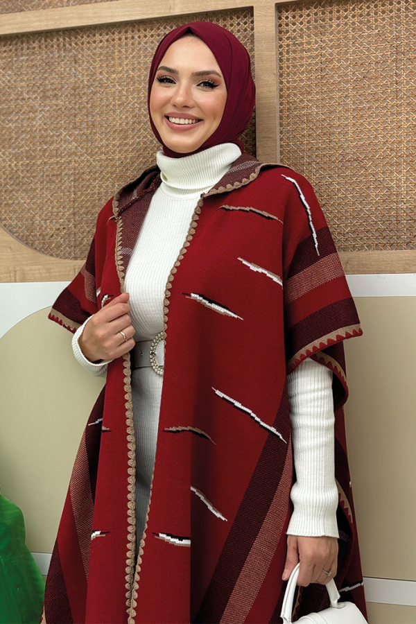 Kapişonlu Püskül Detaylı Triko Panço 1606 Bordo - 8