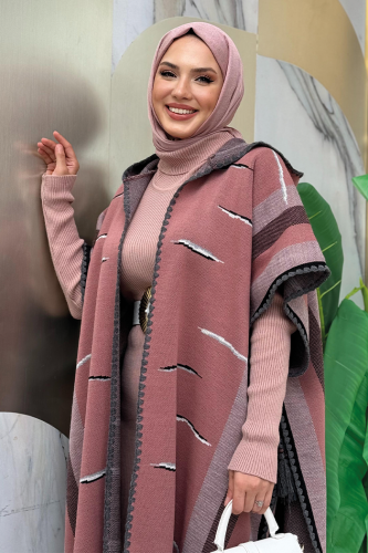 Kapişonlu Püskül Detaylı Triko Panço 1606 Gül Kurusu - 9