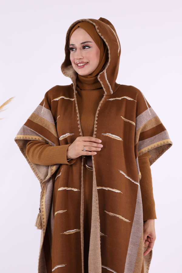 Kapişonlu Püskül Detaylı Triko Panço 1606 Taba - 5