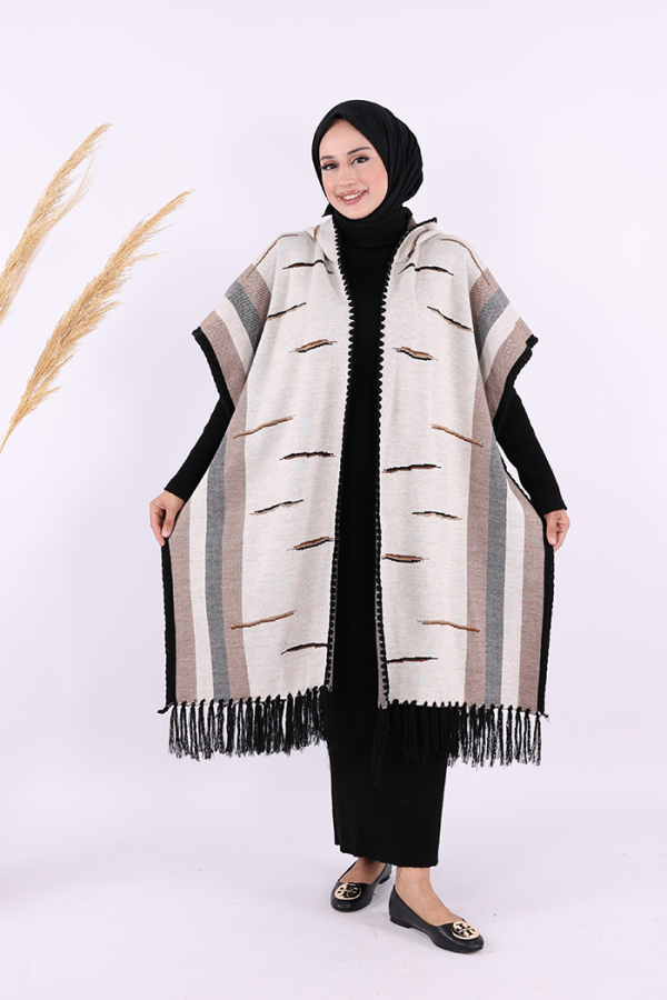Kapişonlu Püskül Detaylı Triko Panço 1606 Taş - 1