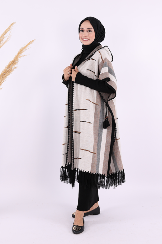 Kapişonlu Püskül Detaylı Triko Panço 1606 Taş - 3