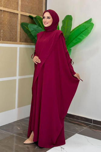 Kapüşonlu Abaya ve Elbise İkili Takım 70013 Bordo - Bym Fashion (1)