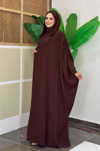 Kapüşonlu Abaya ve Elbise İkili Takım 70013 Kahverengi - Bym Fashion (1)