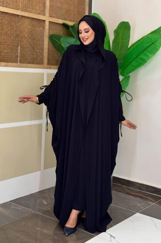 Kapüşonlu Abaya ve Elbise İkili Takım 70013 Siyah - 1