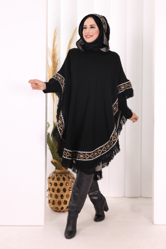 Kapüşonlu Etnik Desen Detaylı Püsküllü Triko Panço 12096 Siyah - 5