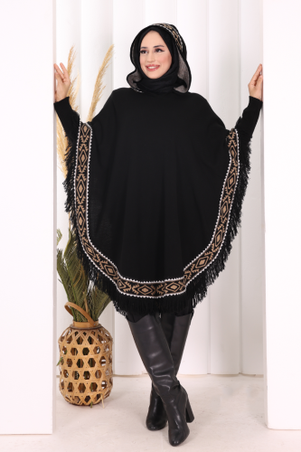 Kapüşonlu Etnik Desen Detaylı Püsküllü Triko Panço 12096 Siyah - 6