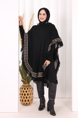 Kapüşonlu Etnik Desen Detaylı Püsküllü Triko Panço 12096 Siyah - 7