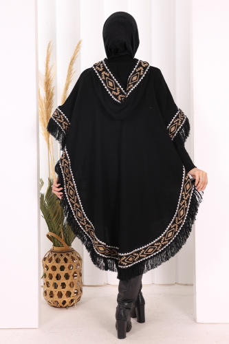 Kapüşonlu Etnik Desen Detaylı Püsküllü Triko Panço 12096 Siyah - 8