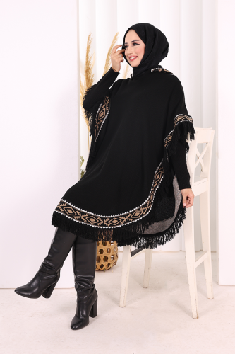Kapüşonlu Etnik Desen Detaylı Püsküllü Triko Panço 12096 Siyah - 9