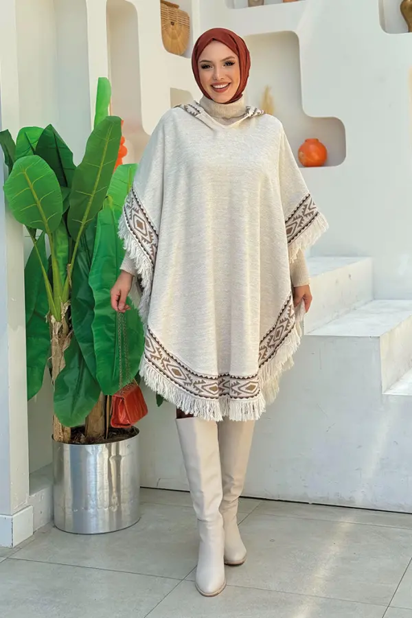 Kapüşonlu Etnik Desen Detaylı Püsküllü Triko Panço 12096 Taş - 1