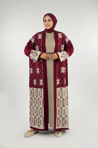 Kar Tanesi Desenli Uzun Triko Hırka 18166 Bordo - 1