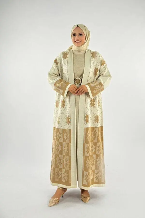 Kar Tanesi Desenli Uzun Triko Hırka 18166 Taş - 1