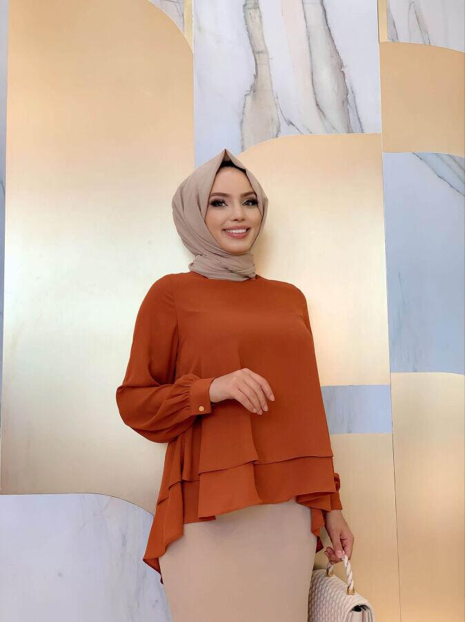 Kat Kat Kol Manşetli Şifon Bluz 5148 Kiremit - 1