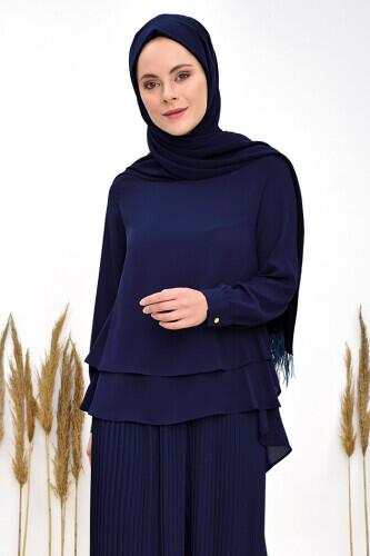 Kat Kat Kol Manşetli Şifon Bluz 5148 Lacivert - 3