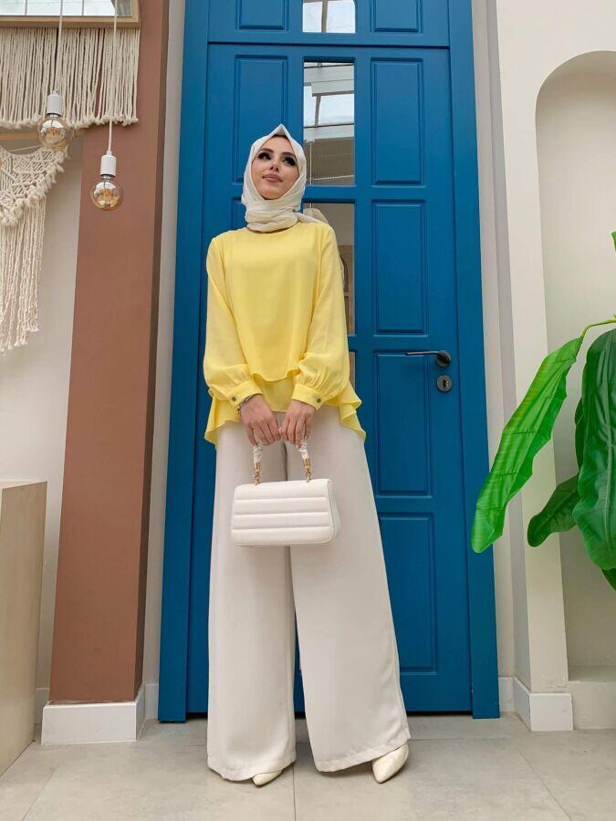 Kat Kat Kol Manşetli Şifon Bluz 5148 Sarı - 2