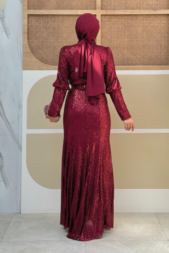 Kemer Aksesuarlı Pul Payet Balık Abiye Elbise 3858 Bordo - Bym Fashion (1)