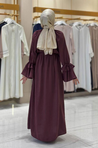 Kol Fırfır Detaylı Elbise 3925 Bordo - Bym Fashion (1)