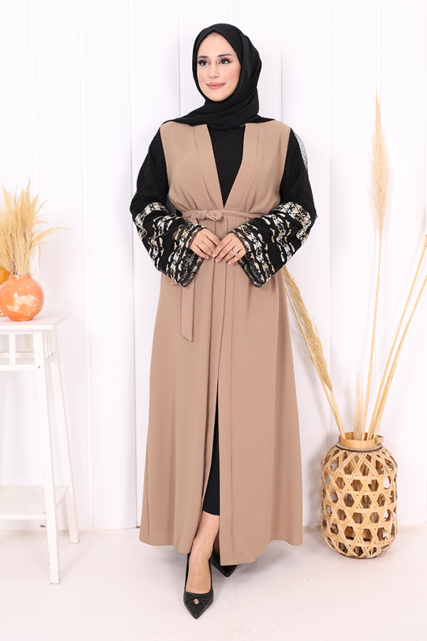 Kol İşlemeli Bel Kuşaklı Abaya 7814 Vizon - 5