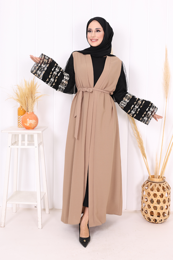 Kol İşlemeli Bel Kuşaklı Abaya 7814 Vizon - 6