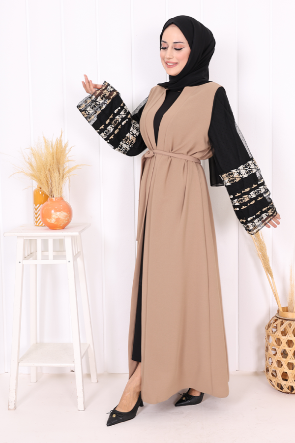 Kol İşlemeli Bel Kuşaklı Abaya 7814 Vizon - 7