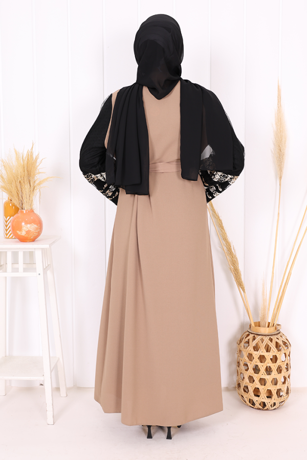 Kol İşlemeli Bel Kuşaklı Abaya 7814 Vizon - 8