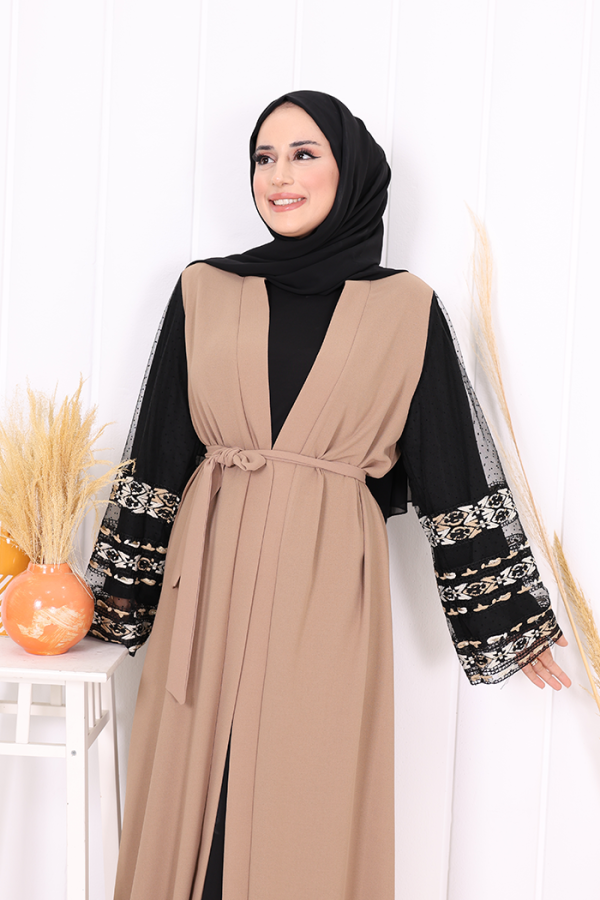 Kol İşlemeli Bel Kuşaklı Abaya 7814 Vizon - 9