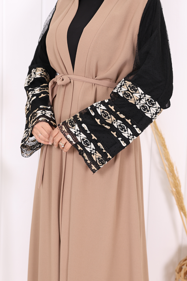 Kol İşlemeli Bel Kuşaklı Abaya 7814 Vizon - 10