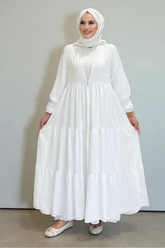 Kol Lastikli Kat Görünümlü Abayalı Elbise Takım 3859 Ekru - Bym Fashion (1)