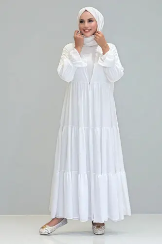 Kol Lastikli Kat Görünümlü Abayalı Elbise Takım 3859 Ekru - 1