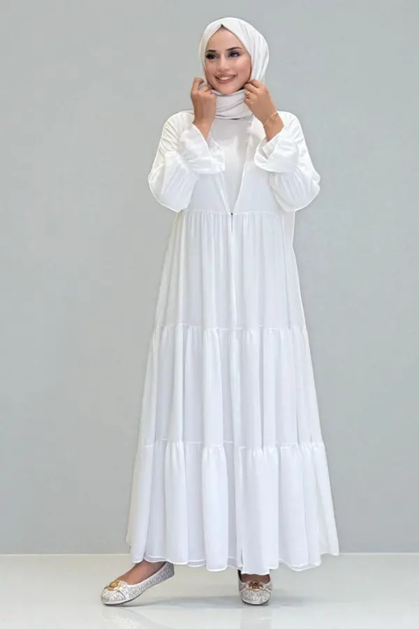 Kol Lastikli Kat Görünümlü Abayalı Elbise Takım 3859 Ekru - 1