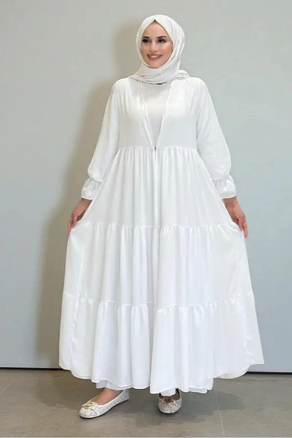 Kol Lastikli Kat Görünümlü Abayalı Elbise Takım 3859 Ekru - 2