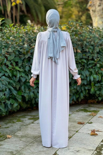 Kol Manşetleri Büzgülü Elbise 6004 Gri - Bym Fashion (1)