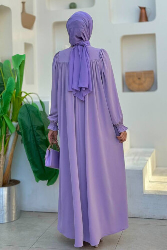 Kol Manşetleri Büzgülü Elbise 6004 Lila - Bym Fashion (1)