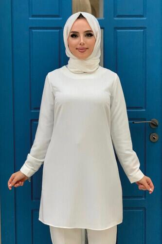 Crew Neck Long Tunic 2649 Ecru with Buttoned Sleeve Cuffs - Bym Fashion