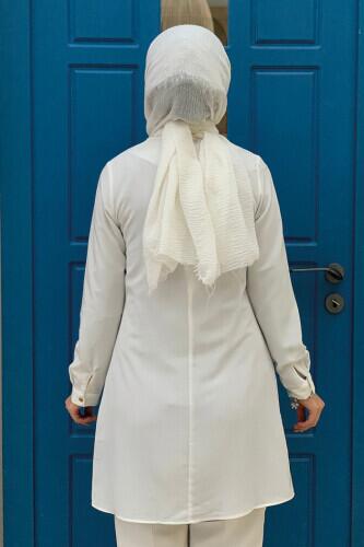 Crew Neck Long Tunic 2649 Ecru with Buttoned Sleeve Cuffs - Bym Fashion (1)