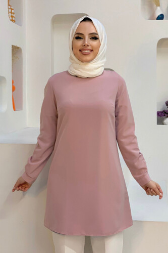 Round Neck Long Tunic With Buttons On Sleeve Cuffs 2649 Powder - Bym Fashion