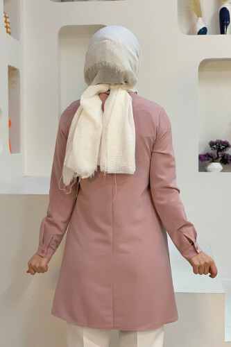 Round Neck Long Tunic With Buttons On Sleeve Cuffs 2649 Powder - Bym Fashion (1)