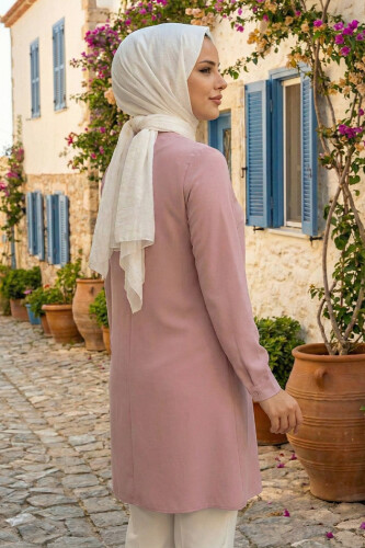 Kol Manşetleri Düğmeli Bisiklet Yaka Uzun Tunik 2649 Pudra - 4