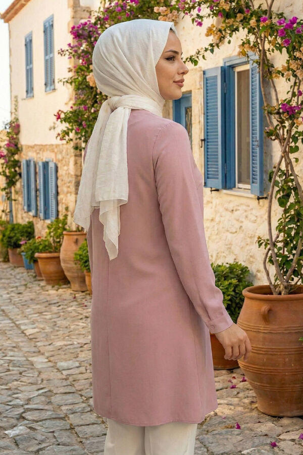 Kol Manşetleri Düğmeli Bisiklet Yaka Uzun Tunik 2649 Pudra - 4