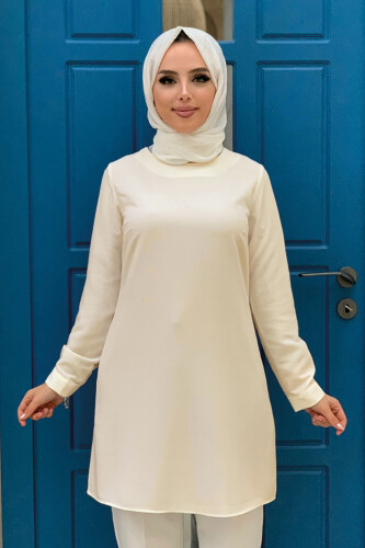 Crew Neck Long Tunic with Buttons on Sleeve Cuffs 2649 Stone - Bym Fashion