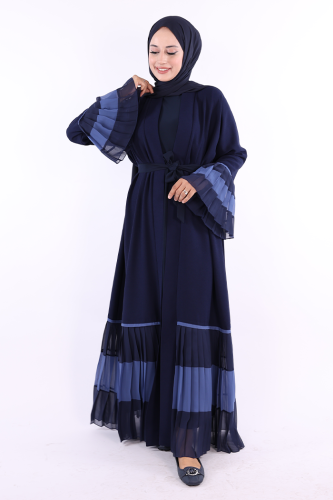 Kol ve Etek Ucu İki Renkli Bel Kuşaklı Piliseli Abaya 7454 Lacivert - 2