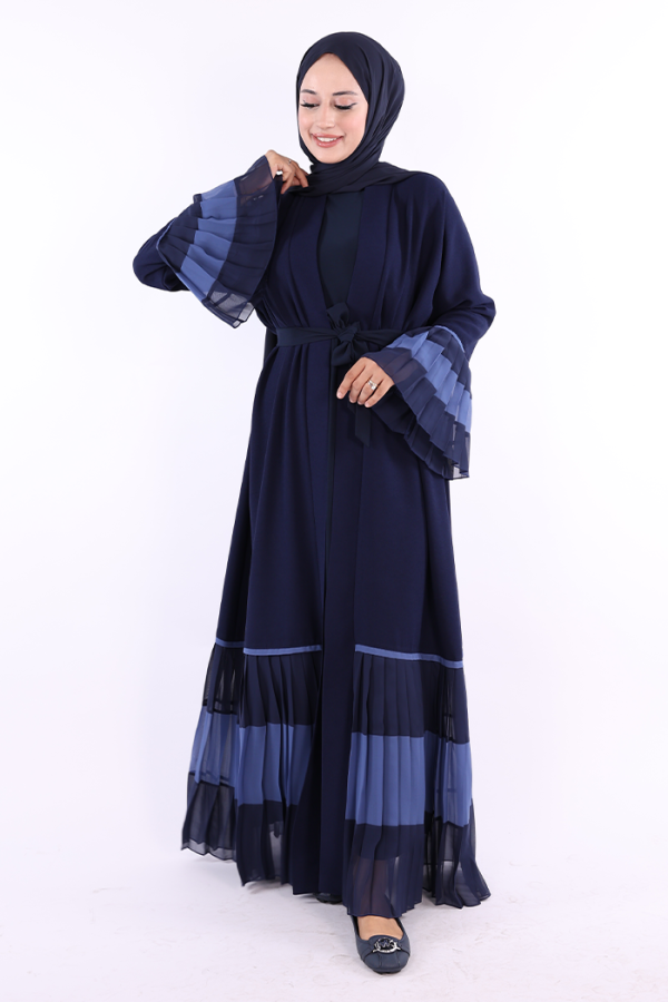 Kol ve Etek Ucu İki Renkli Bel Kuşaklı Piliseli Abaya 7454 Lacivert - 2