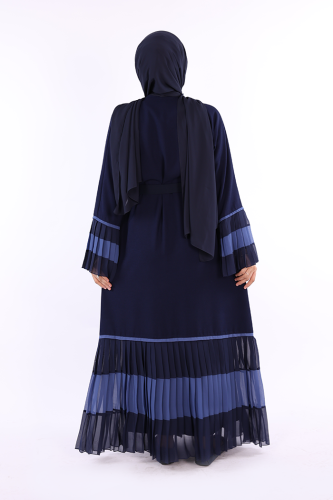 Kol ve Etek Ucu İki Renkli Bel Kuşaklı Piliseli Abaya 7454 Lacivert - 3