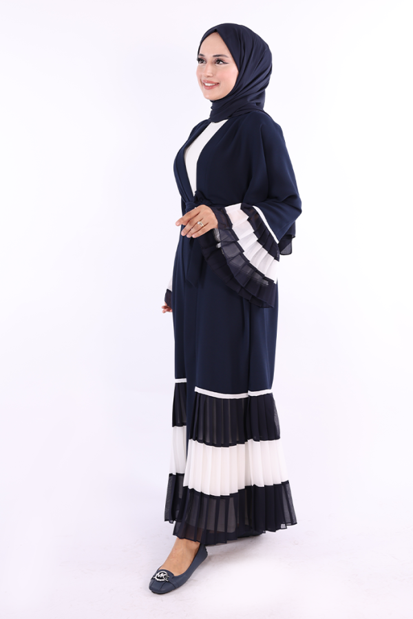 Kol ve Etek Ucu İki Renkli Bel Kuşaklı Piliseli Abaya 7454 Lacivert-ekru - 2