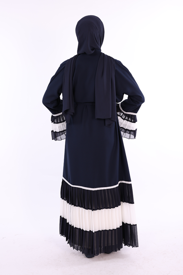 Kol ve Etek Ucu İki Renkli Bel Kuşaklı Piliseli Abaya 7454 Lacivert-ekru - 3