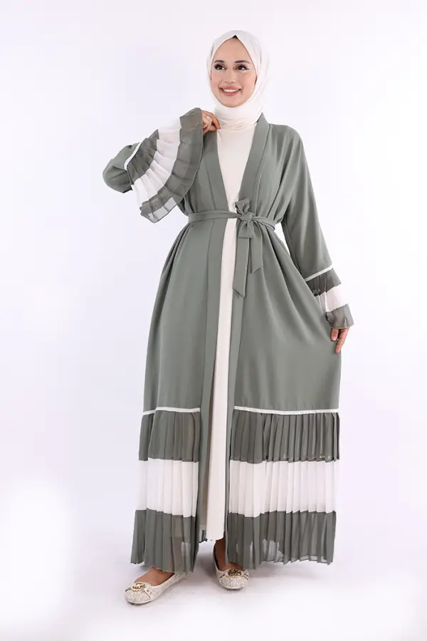 Kol ve Etek Ucu İki Renkli Bel Kuşaklı Piliseli Abaya 7454 Mint - 1