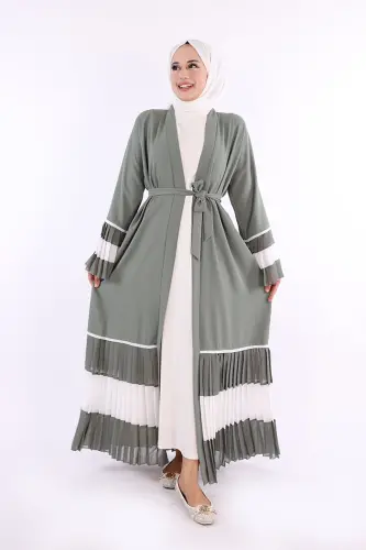 Kol ve Etek Ucu İki Renkli Bel Kuşaklı Piliseli Abaya 7454 Mint - 2