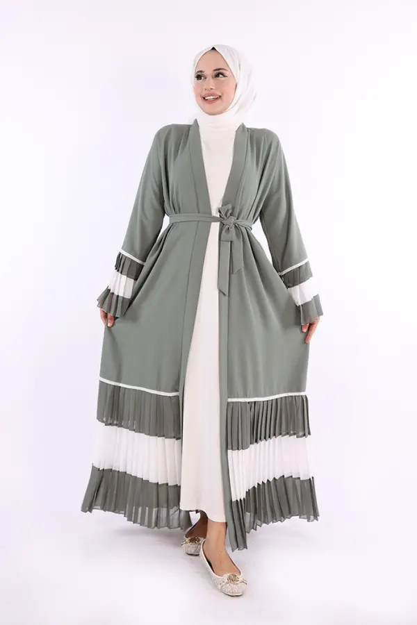 Kol ve Etek Ucu İki Renkli Bel Kuşaklı Piliseli Abaya 7454 Mint - 2